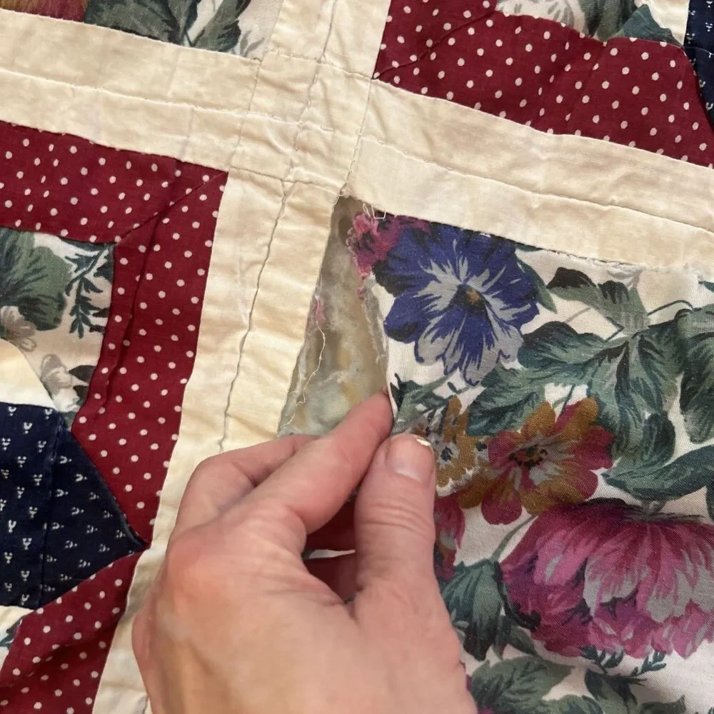 Vtg Twin Handmade Quilt Burgundy And Blue Floral 80x64 Twin Cottage Country